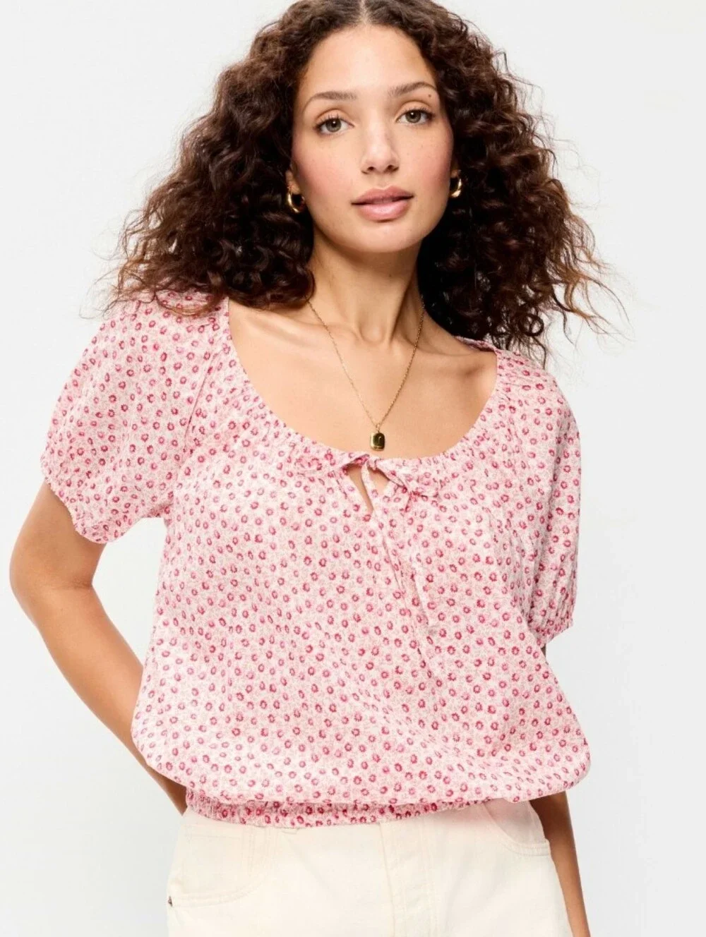 Old Navy Pink Floral Tie-Front Peasant Blouse